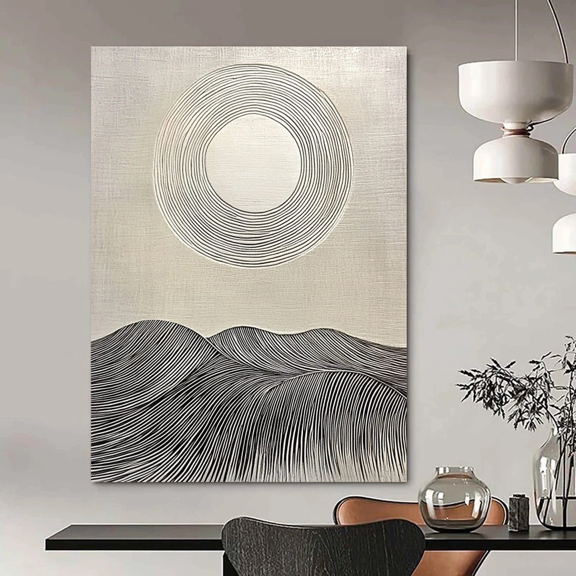 Large abstract painting featuring a circular white sun on textured background with rolling hills and clean lines for a modern aesthetic.STSC1029
