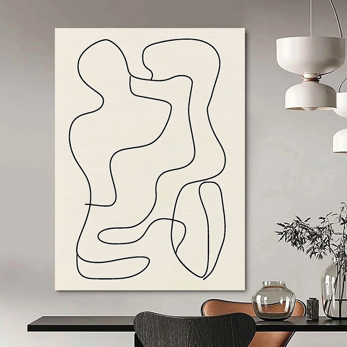 Large abstract line drawing of organic shapes in black on light gray, inspired by Matisse's minimalistic style for a striking aesthetic touch.STSC121