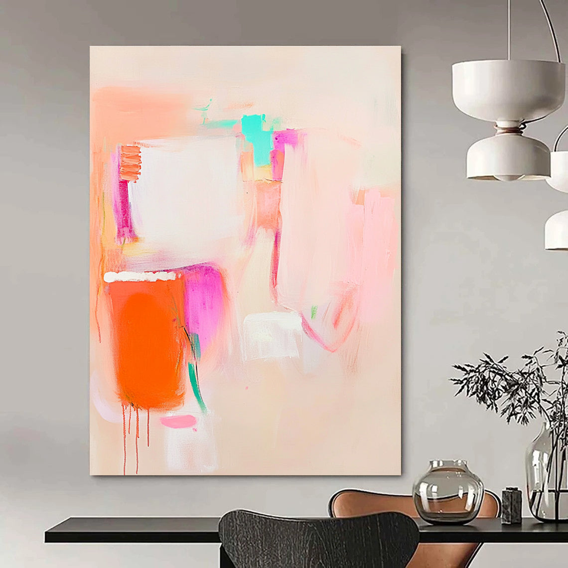 Large abstract painting in soft pink orange and white featuring everyday objects for a calming and dreamy effect on a light beige background.STSC623