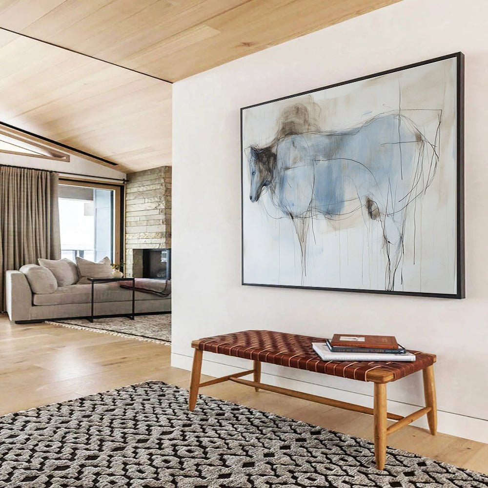 Large abstract painting of an animal's body featuring thin lines and washes in subtle pastel colors of light blue and dark brown on a white background.SC153