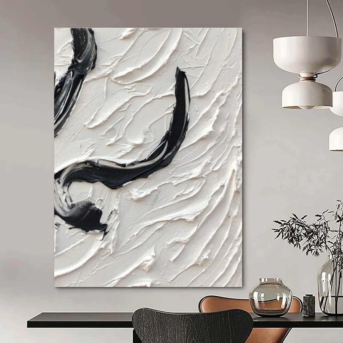 Black and White Textured Swirl Abstract Painting ADGE400