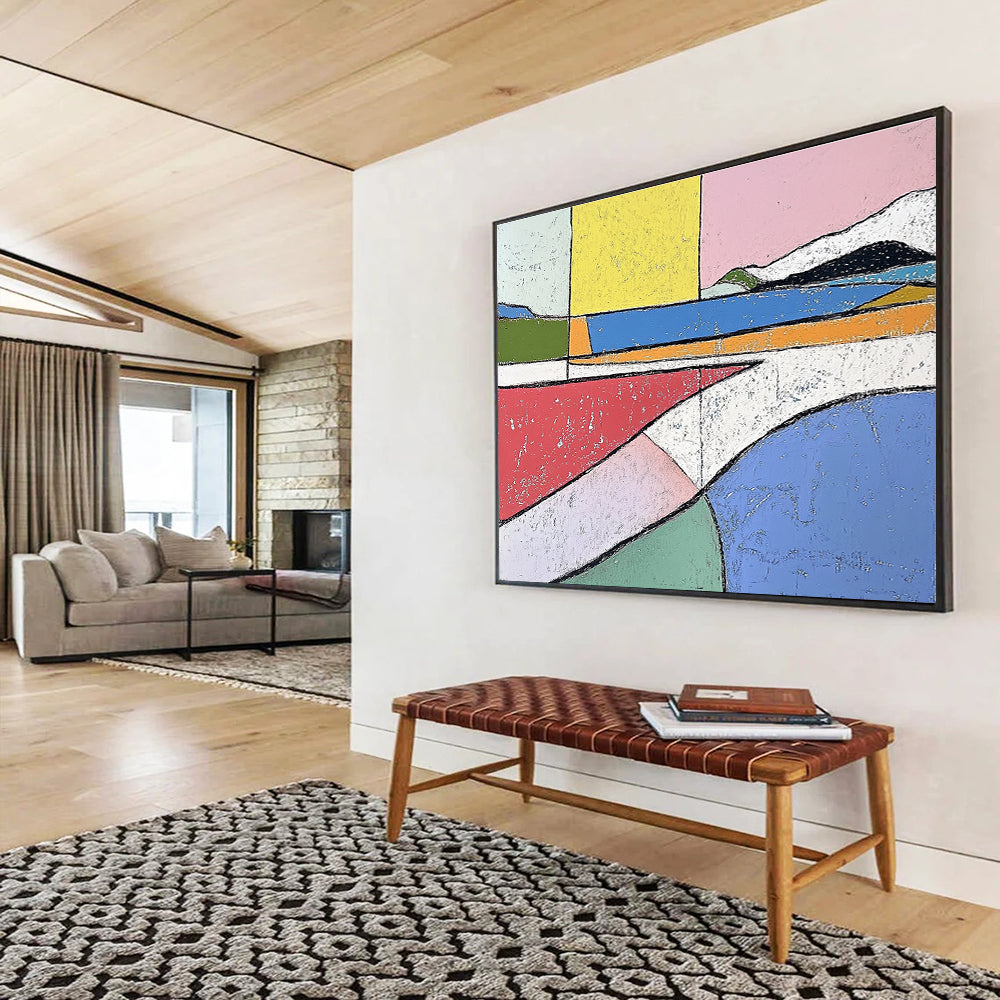 Large abstract painting in pastel colors featuring bold shapes and minimalistic design inspired by Etel Adnan and Henri Matisse.SC061