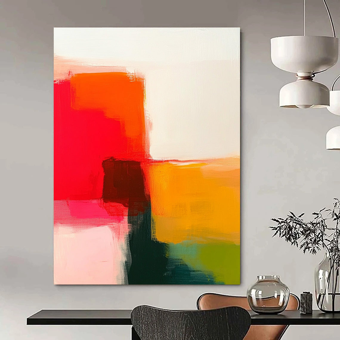 An abstract painting featuring warm reds and oranges with green on a white background showcasing simple shapes and soft edges.STSC629