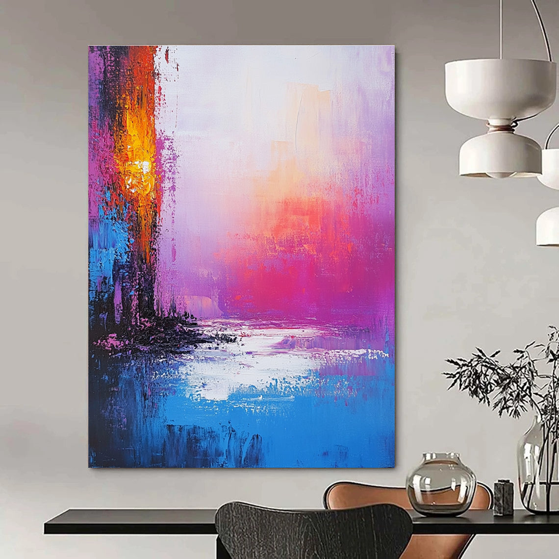 Large abstract painting of an iridescent ocean with pink purple and blue hues featuring a golden portal and a serene sunset ambiance.STSC261