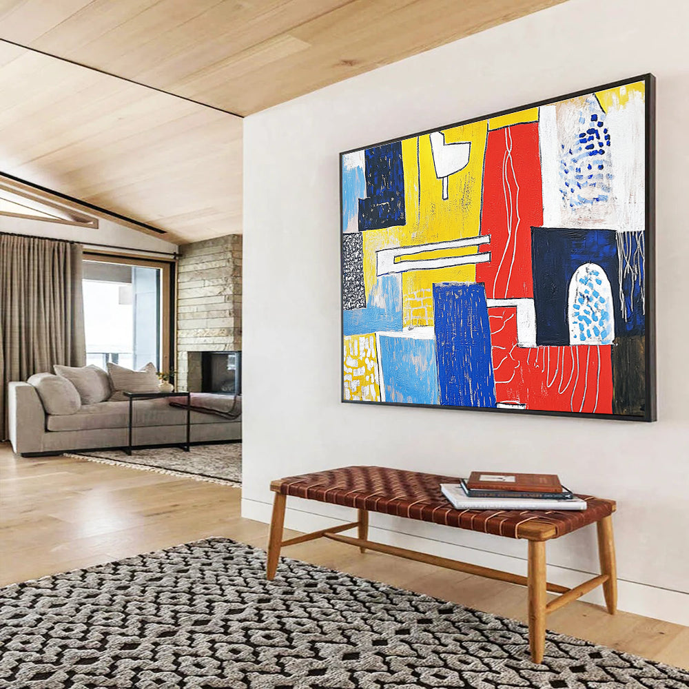 A large abstract painting featuring bold reds and yellows with white lines on blue shapes, capturing urban life and modernist aesthetics.SC516