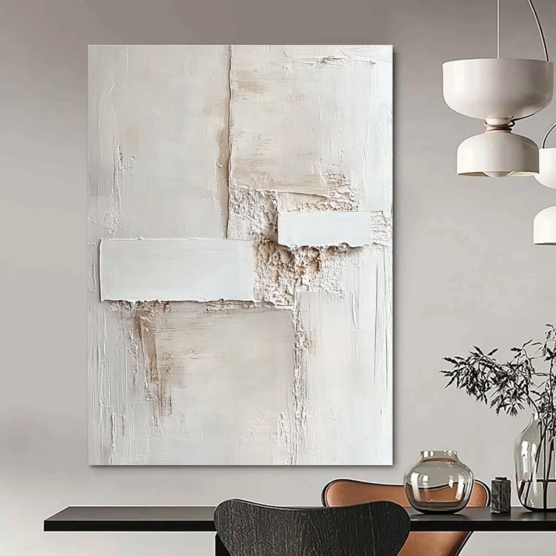 Abstract artwork featuring an off-white wall with a textured finish and subtle shades of white creating depth and visual intrigue.STSC1157