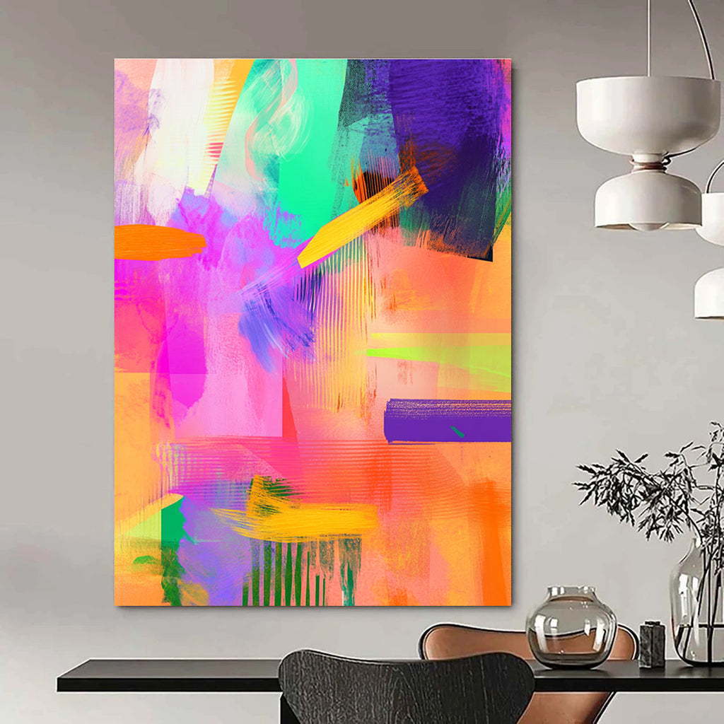 Large abstract painting featuring vibrant brush strokes in neon pink and mint green with details of purple and orange for a modern aesthetic.STSC551