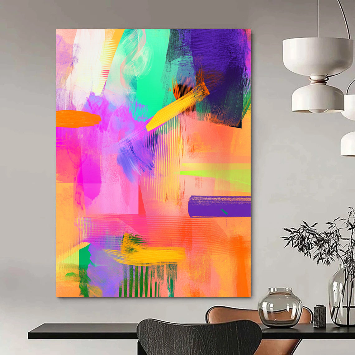 Large abstract painting featuring vibrant brush strokes in neon pink and mint green with details of purple and orange for a modern aesthetic.STSC551