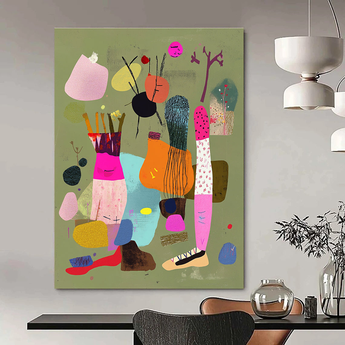A large abstract collage featuring colorful legs with shoes and ropes against a light greenish brown background embellished with pink accents and floating fabric.STSC972