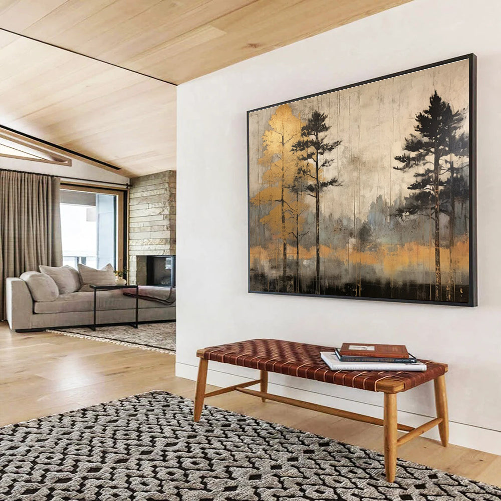 Golden Tree and Neutral Toned Forest Abstract Painting THY105