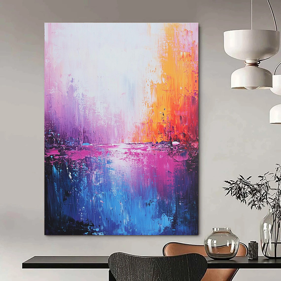 Large abstract painting of the sea in light pink dark blue and purple with meticulous brushwork and dreamy quality creating a romantic atmosphere.STSC345