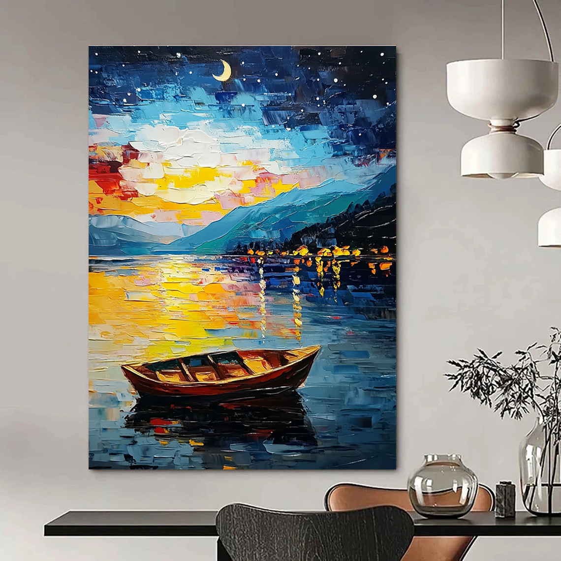Large Abstract Painting of Lake Tahoe at night featuring stars moon colorful sky small boat mountain reflections in vibrant oil paint style.STSC1132