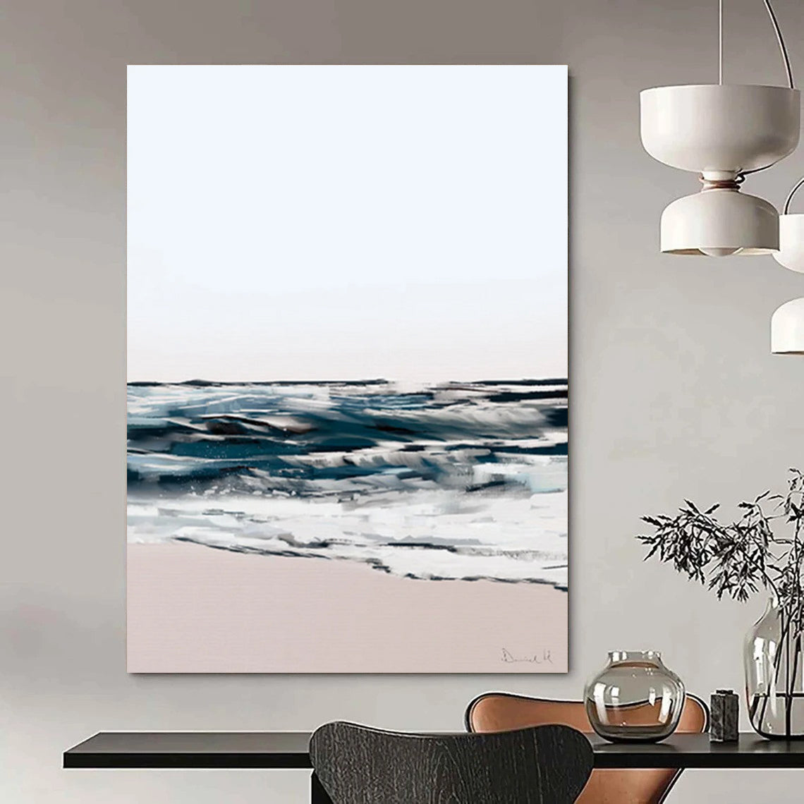 Abstract Coastal Scene with Soft Tones and Fluid Brushstrokes Painting ADGE208