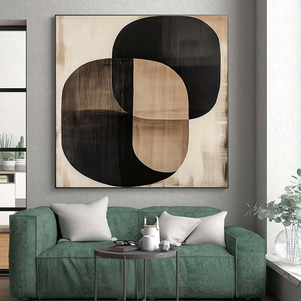 Overlapping Black and Beige Oval Abstract Art GER244
