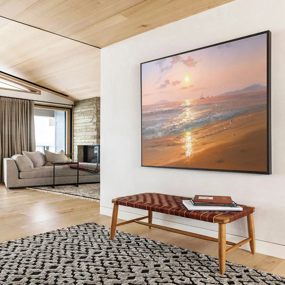 Serene Seaside Sunset Abstract Painting with Warm Coastal Tones THY271