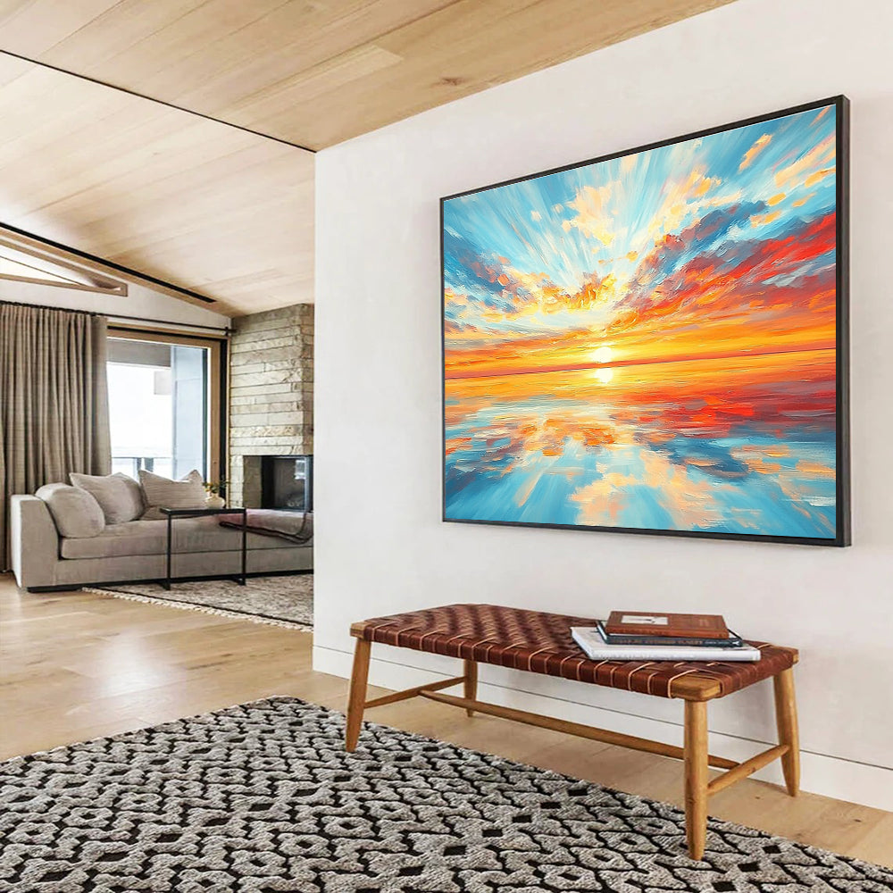 A stunning abstract painting of an endless horizon with a vibrant sunset and colorful reflections on calm waters. Perfect for home decor.SC403