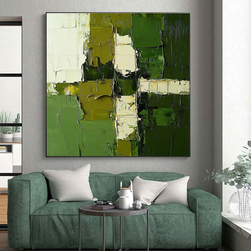 Green and White Abstract Painting with Patchwork Textures GER606