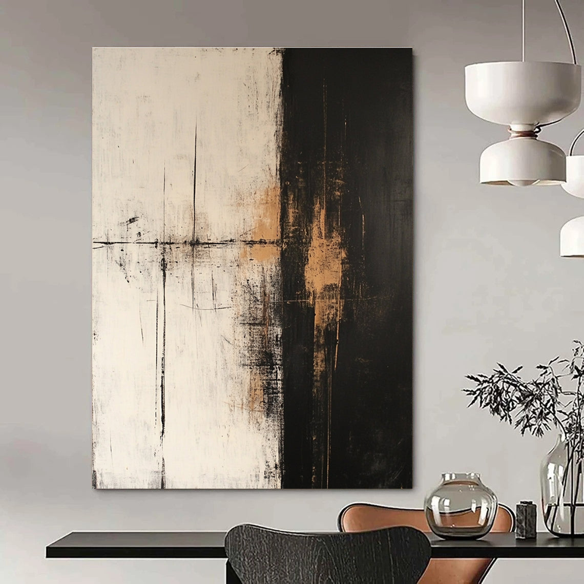 Large abstract oil painting in dark white and light beige with golden details on a dark gray background featuring minimalist and atmospheric style.STSC600