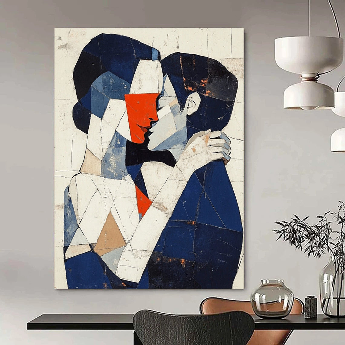 Abstract painting of a man and woman embracing in dark blue white and red tones with deconstructed tailoring and minimal background.STSC1055