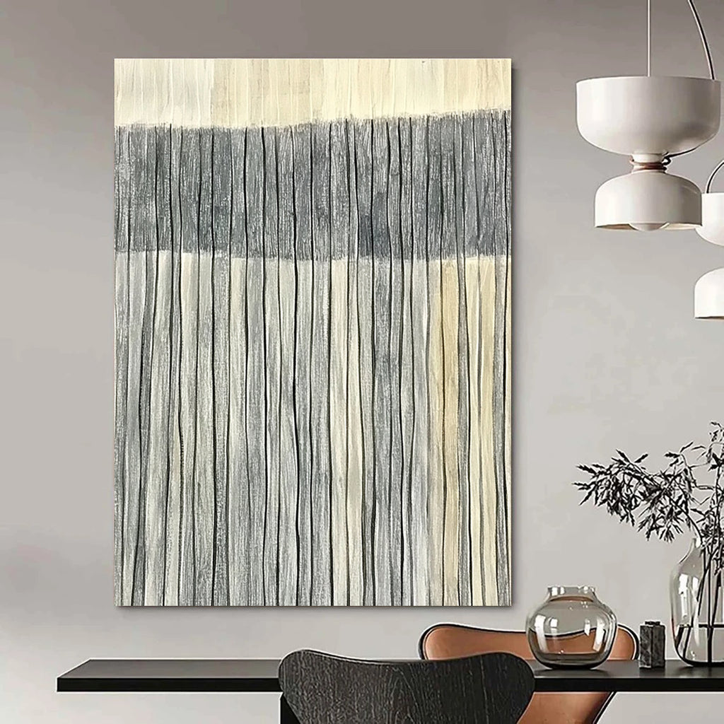 Large abstract painting of harmonious gray and white stripes on a light sandstone backdrop symbolizing luxury and elegance in minimalist design.STSC1121