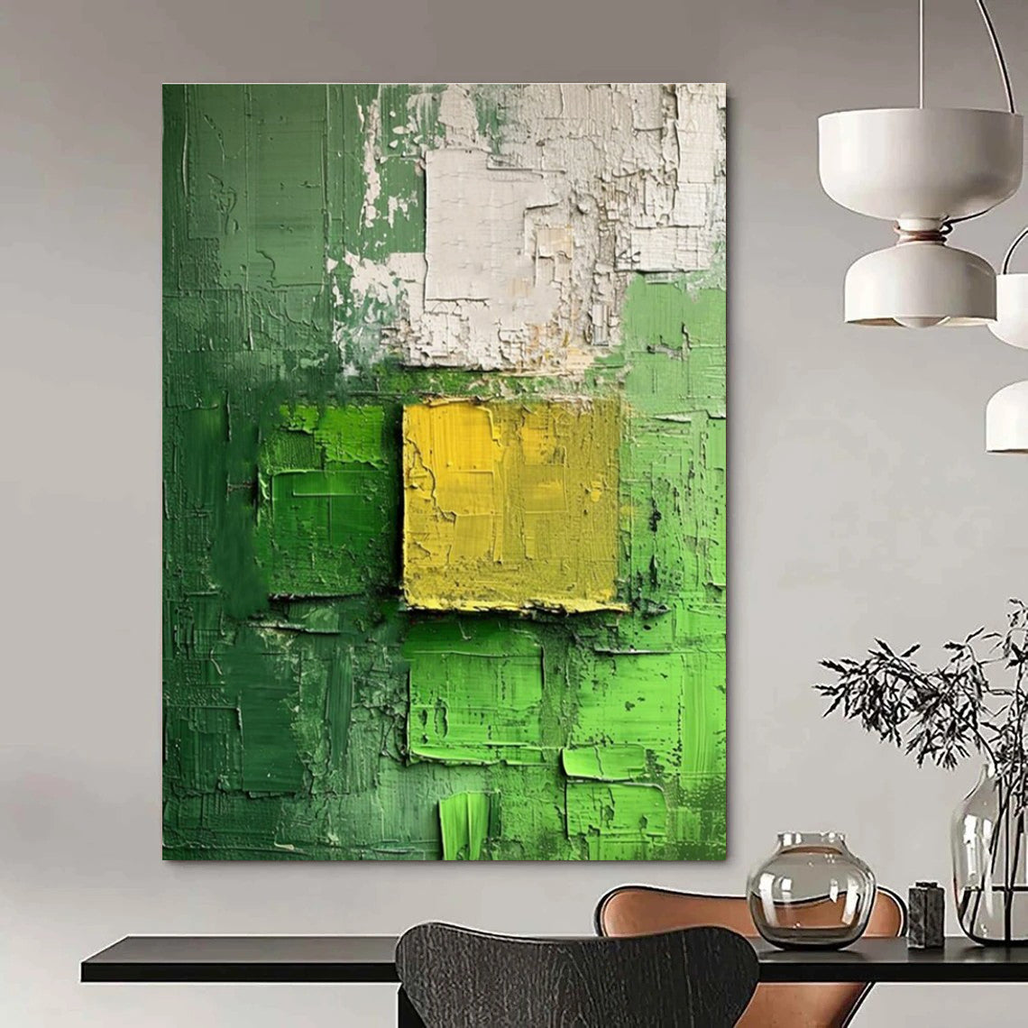 Green Yellow White Textured Abstract Painting ADGE029