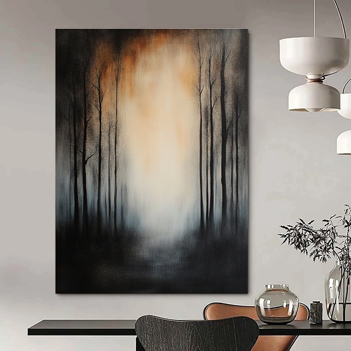 Large abstract painting featuring tall trees in a misty forest with dark gray and black tones and muted colors against a dark background.STSC195