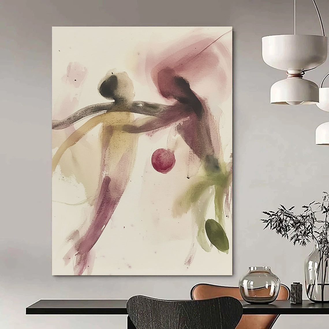 Large abstract drawing featuring a square and an abstract chair in white lines on black paper, minimalist style with a dark background.STSC1191