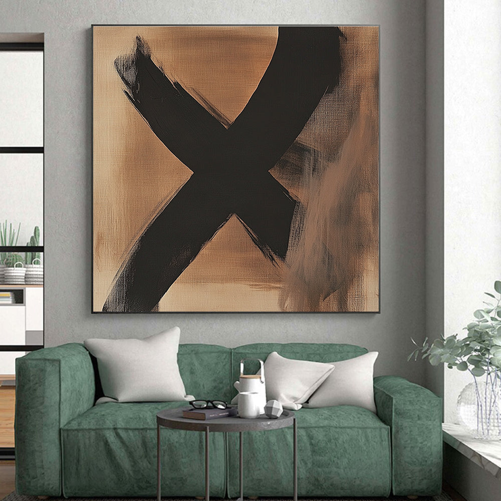 Black X on Beige Abstract Painting with Bold Brushstrokes GER017