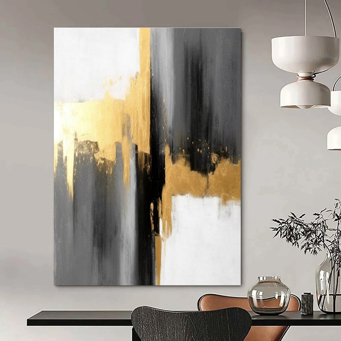 Gray Gold and White Abstract Painting with Sophisticated Layers ADGE076
