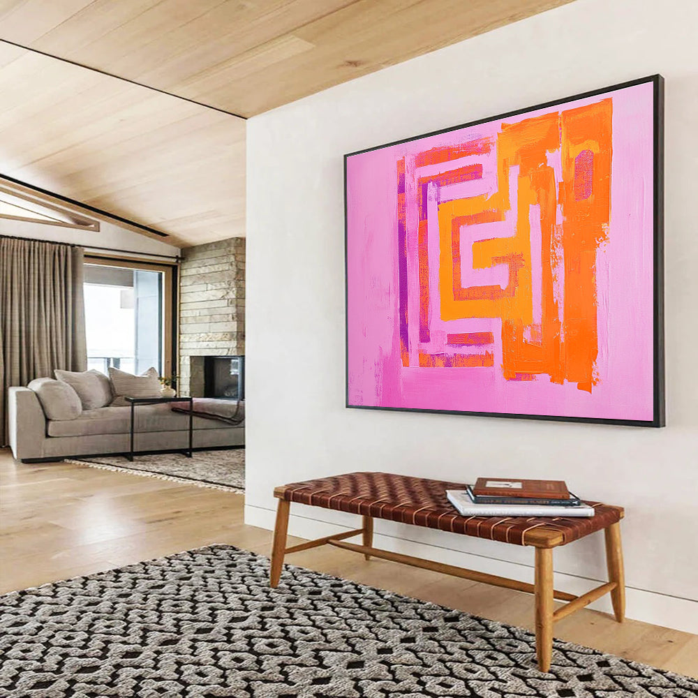 Pink Background Geometric Abstract Painting with Orange and Purple Shapes DYP130