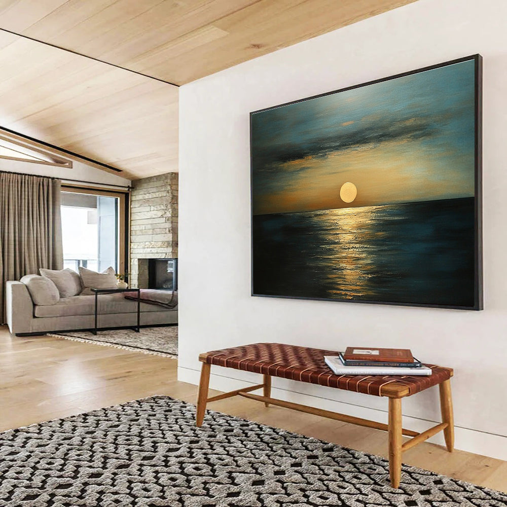 Golden Sunset Sea Abstract Painting with Orange and Blue Tones DYP571