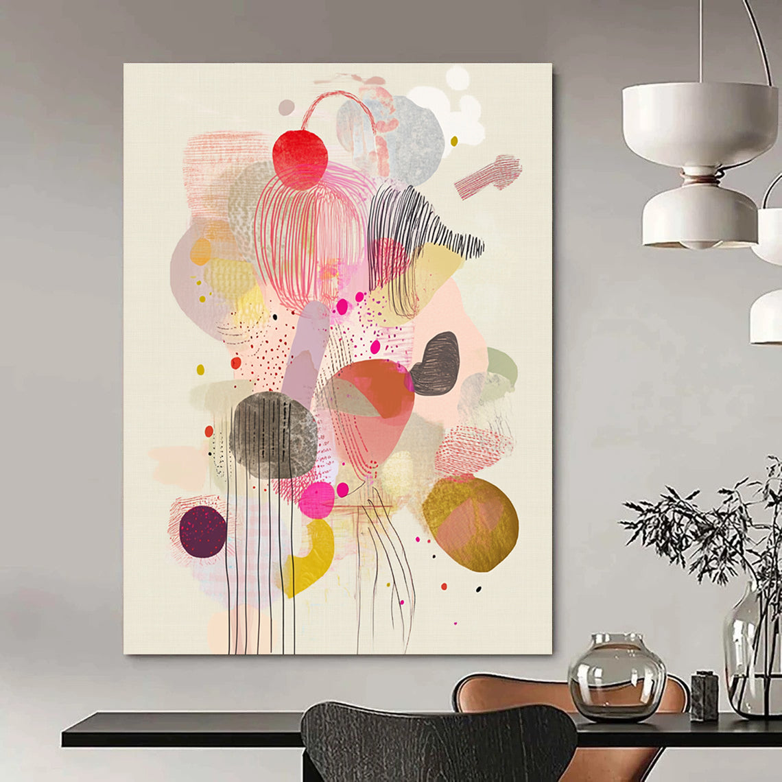 Large abstract artwork featuring whimsical floating shapes and patterns in soft pastels, showcasing bubbles ribbons and organic forms for playful visual depth.STSC1234
