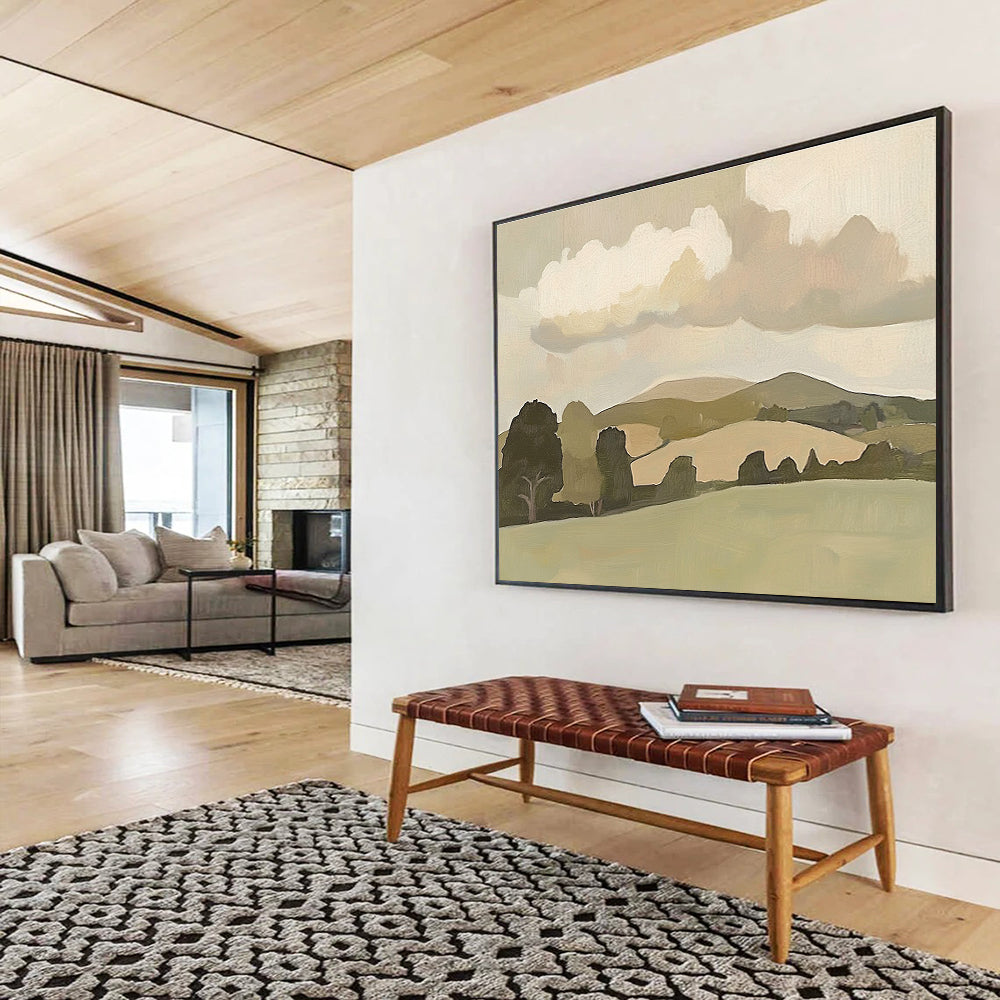 Large abstract painting of English countryside featuring minimalist hills and trees with soft brush strokes and muted colors in vintage style.SC404