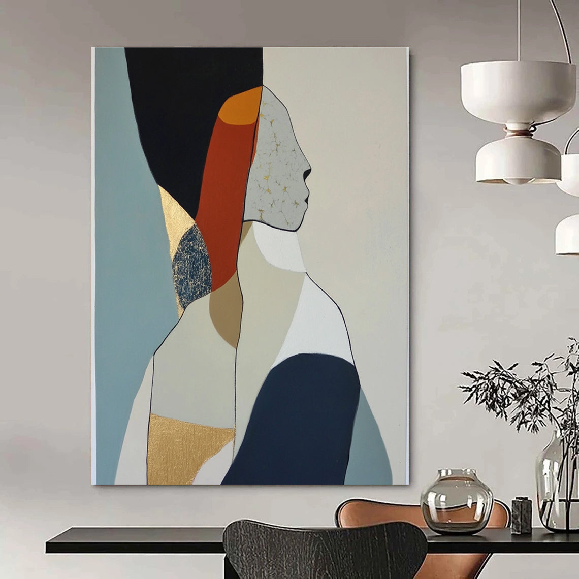 Large abstract oil painting featuring minimalist woman body shapes in muted colors with visible brush strokes and gold leaf accents.STSC1064