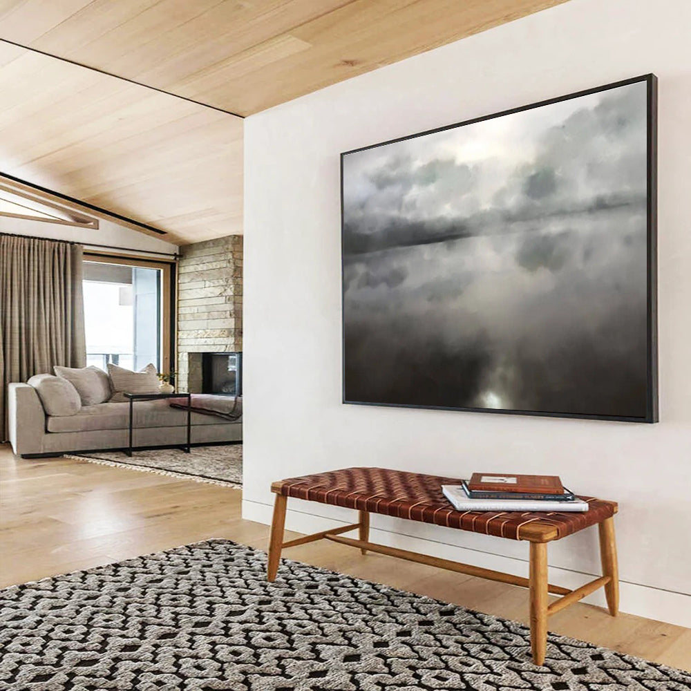 Monochrome Lake Abstract Painting with Cloud Reflections THY124