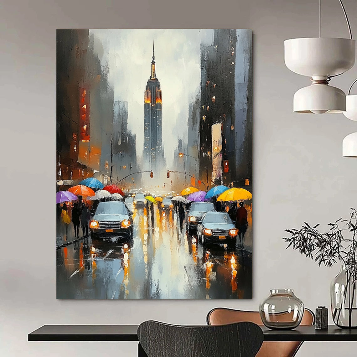 Abstract painting featuring New York City with the Empire State Building vibrant colors rain reflections and soft brush strokes capturing city life.STSC1362