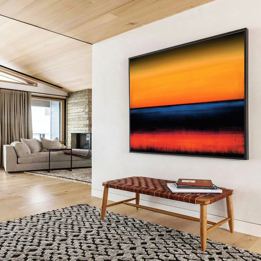 Large abstract painting featuring an orange and blue color scheme with blurred edges and a serene horizon over the ocean at sunset.SC053