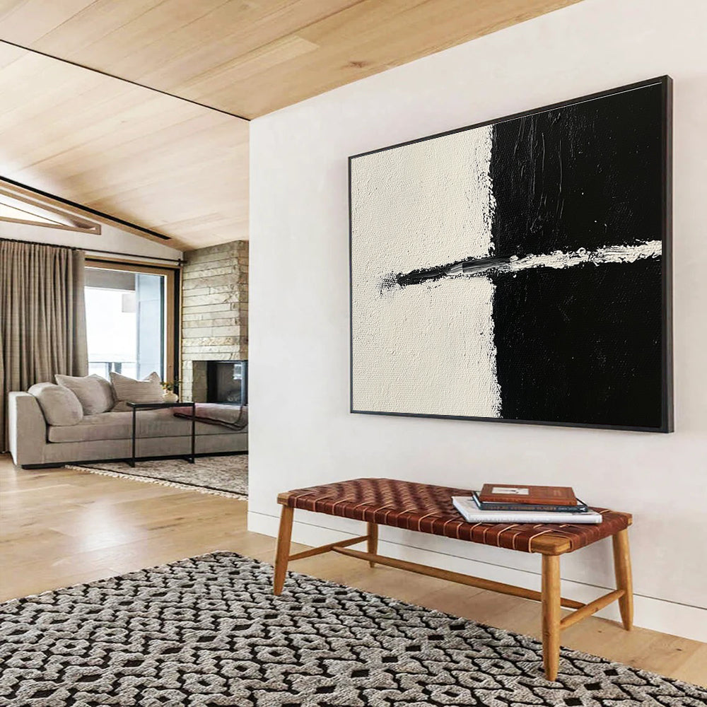 Large abstract painting in black and white featuring simple lines with an arc and bold brush strokes in the upper left corner.SC141