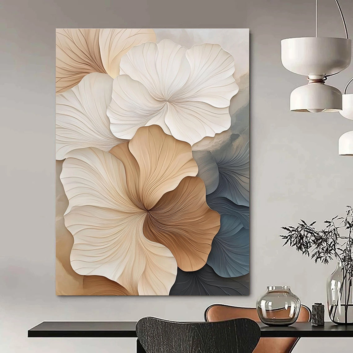 Large abstract artwork featuring textured petals in beige and white showcasing fine lines and depth against a minimalist background.STSC963