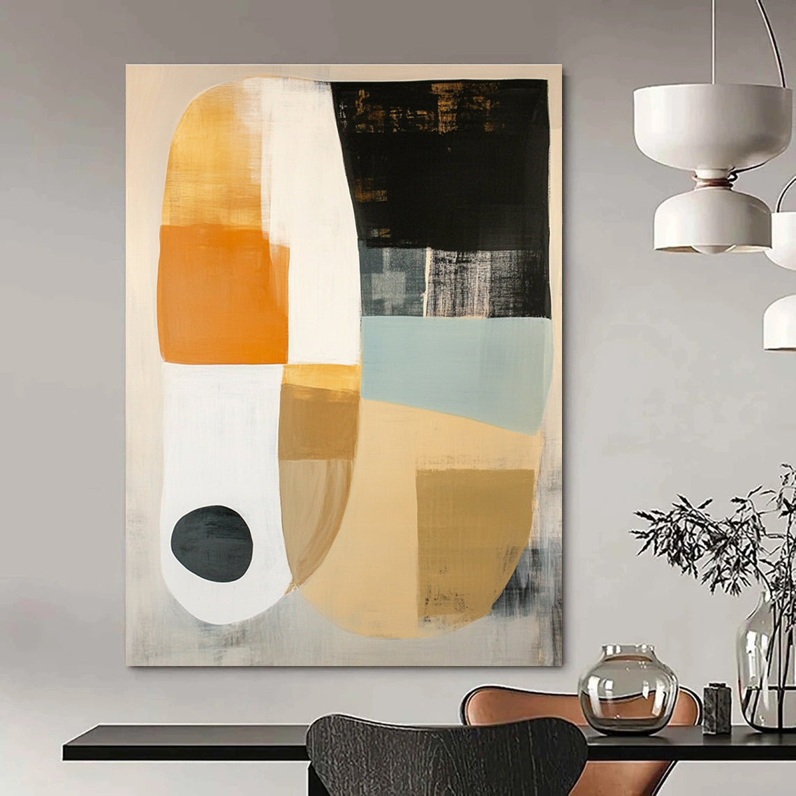 Large abstract painting featuring white beige and black shapes on soft gray with orange circle and light blue oval accents.STSC762