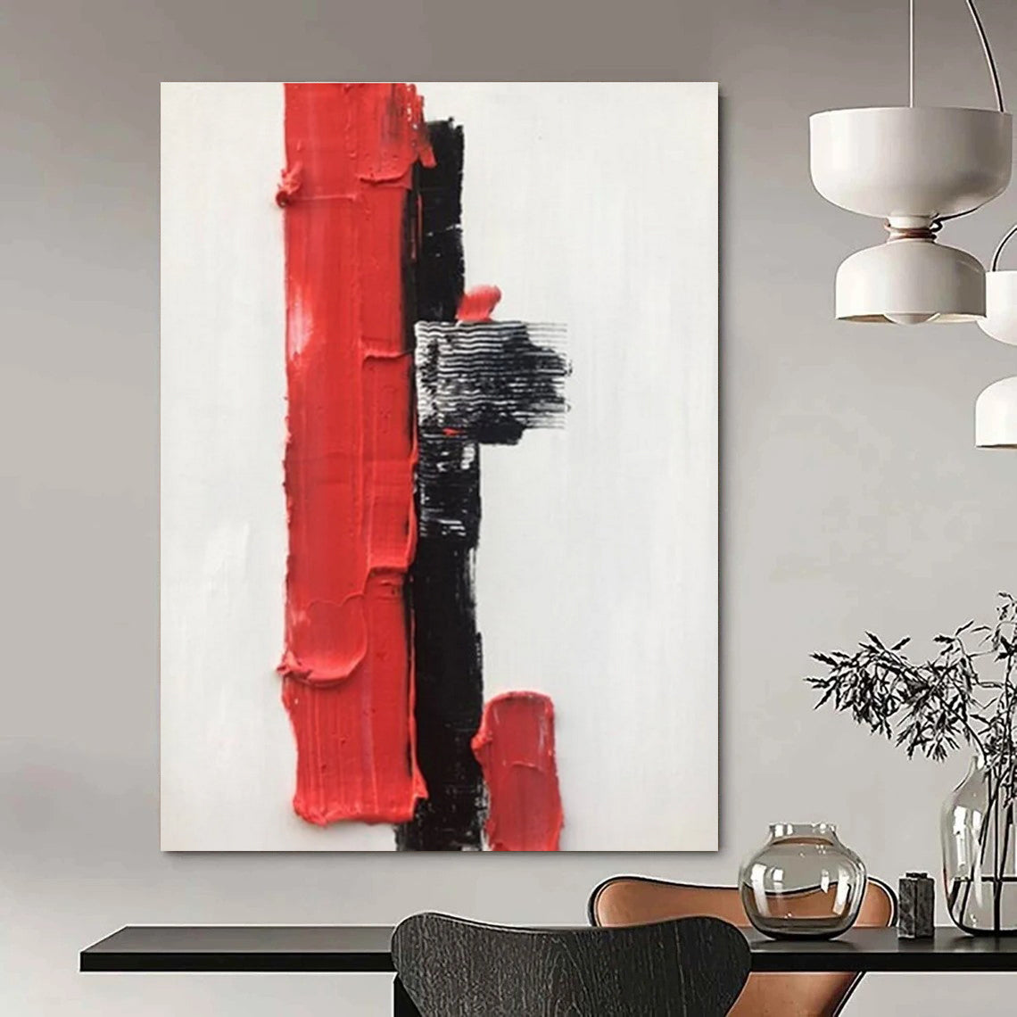 Red and Black Textured Abstract Painting with Geometric Shapes ADGE390