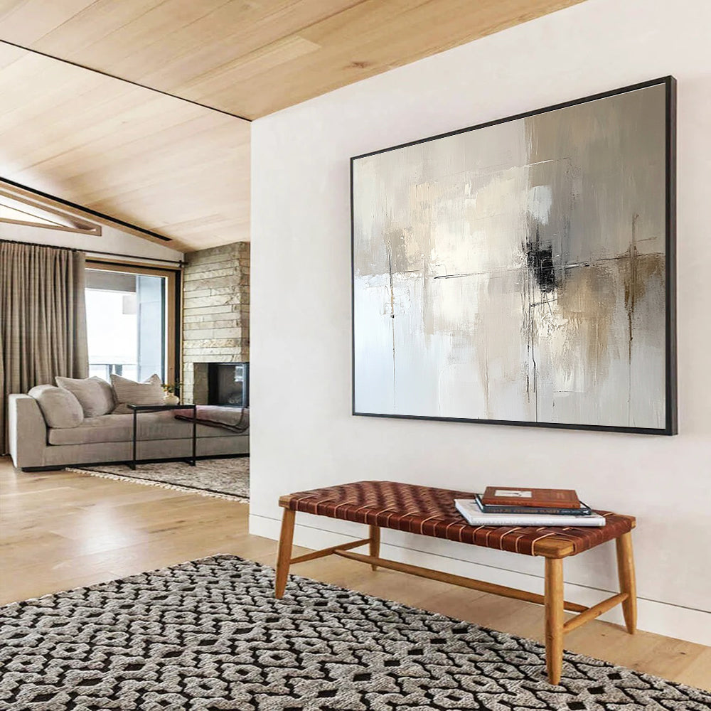 Large abstract painting in soft tones features a neutral color palette against a calming background, perfect for enhancing any space with artistic elegance.SC291