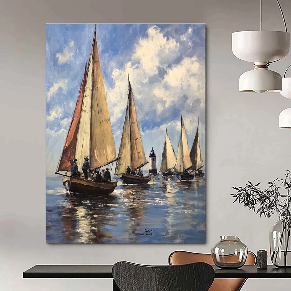 Abstract painting depicting sailboats on water under a light blue sky with clouds inspired by 20th-century French artists.STSC1134