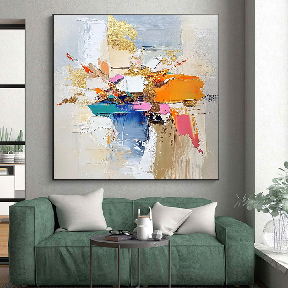 Colorful Block and Gold Abstract Painting with Bold Textures GER469