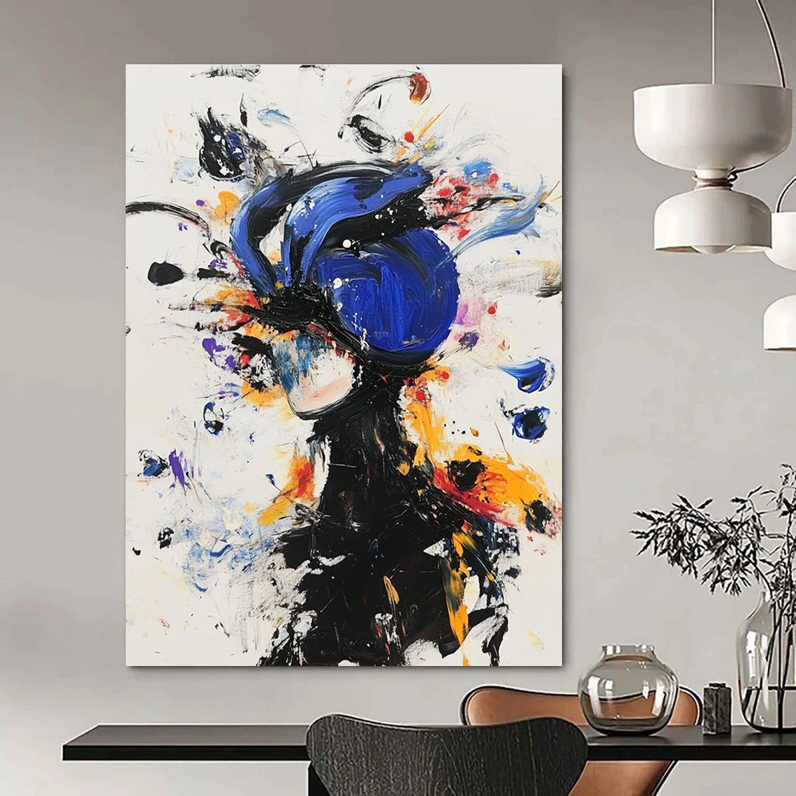 Large abstract painting featuring an anime character in a blue helmet and black outfit surrounded by colorful floating objects and expressive movements.STSC636