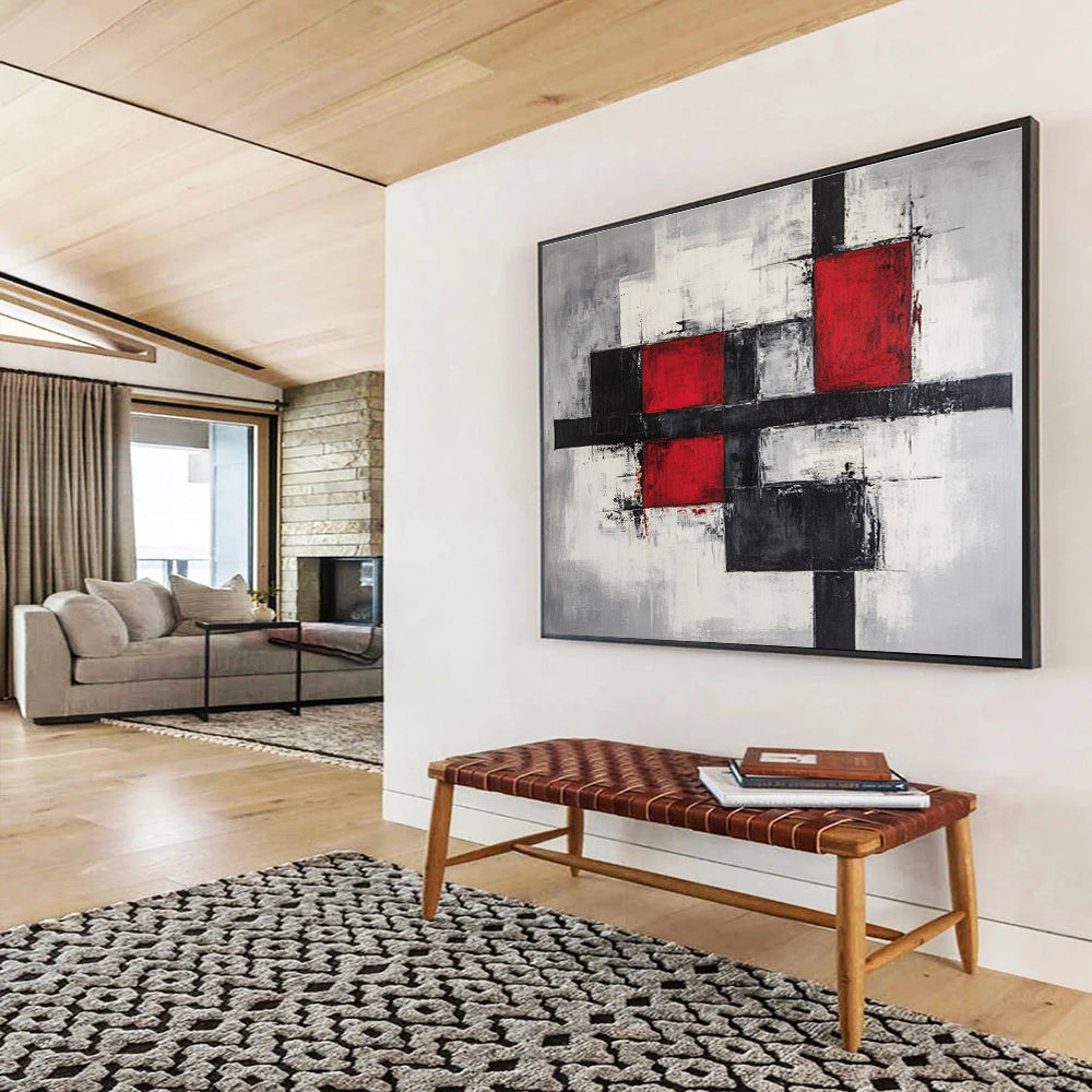 Large abstract painting features gray and red blocks with black lines on a gray background showcasing modern art style in high resolution.SC238