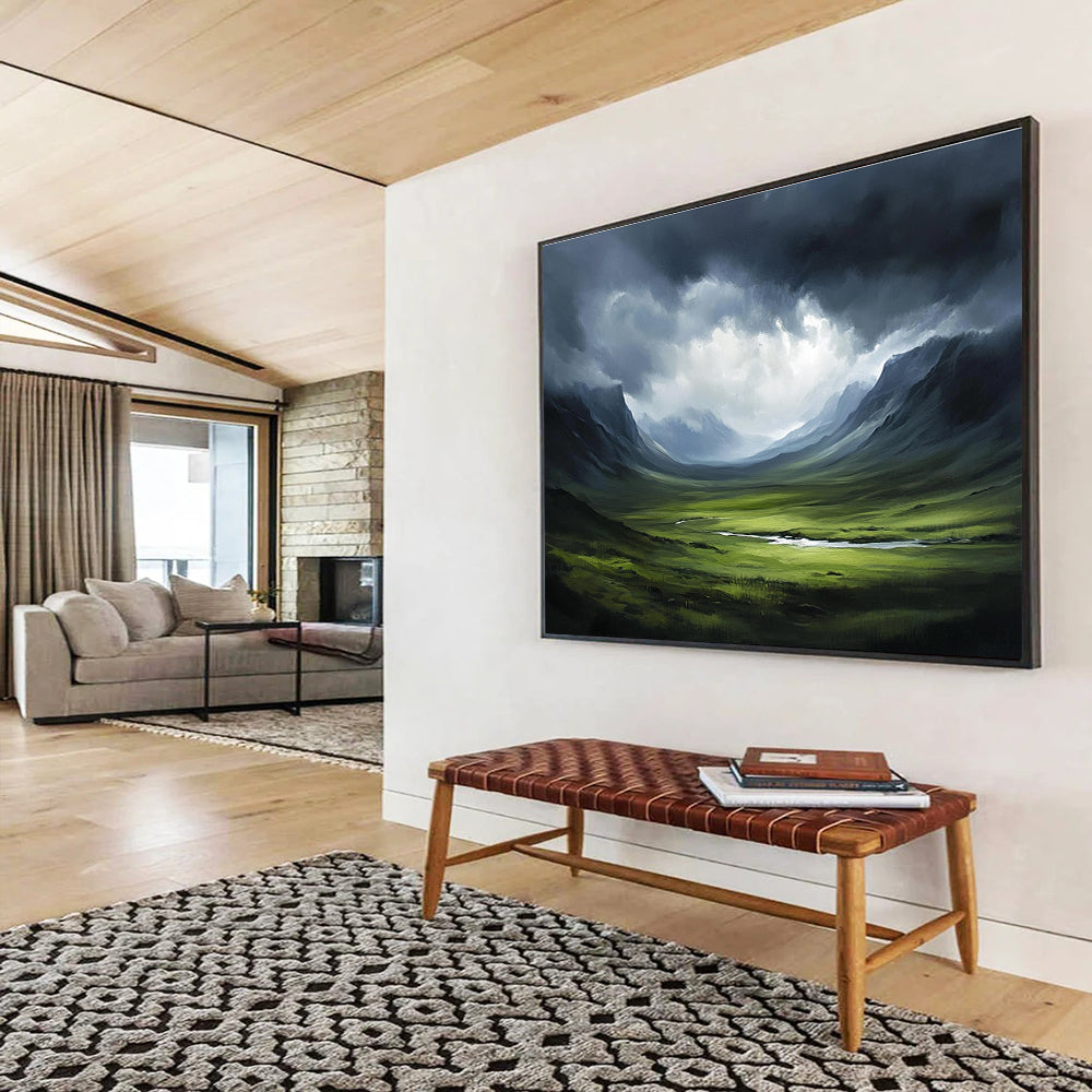 Mountain Valley Storm Dramatic Abstract Painting with Dark and Green Tones DYP604