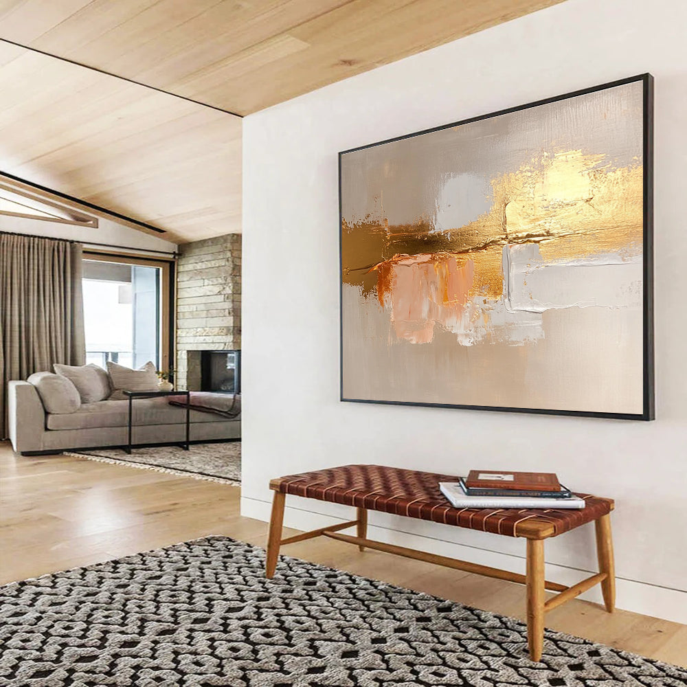 Large abstract painting in beige and gold, featuring soft brush strokes and textured canvas for a serene and elegant atmosphere.SC218