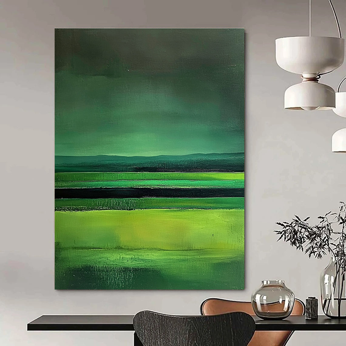 Large abstract painting featuring green fields dark sky and lake in a minimalist style with fluid lines inspired by Mark Rothko.STSC309