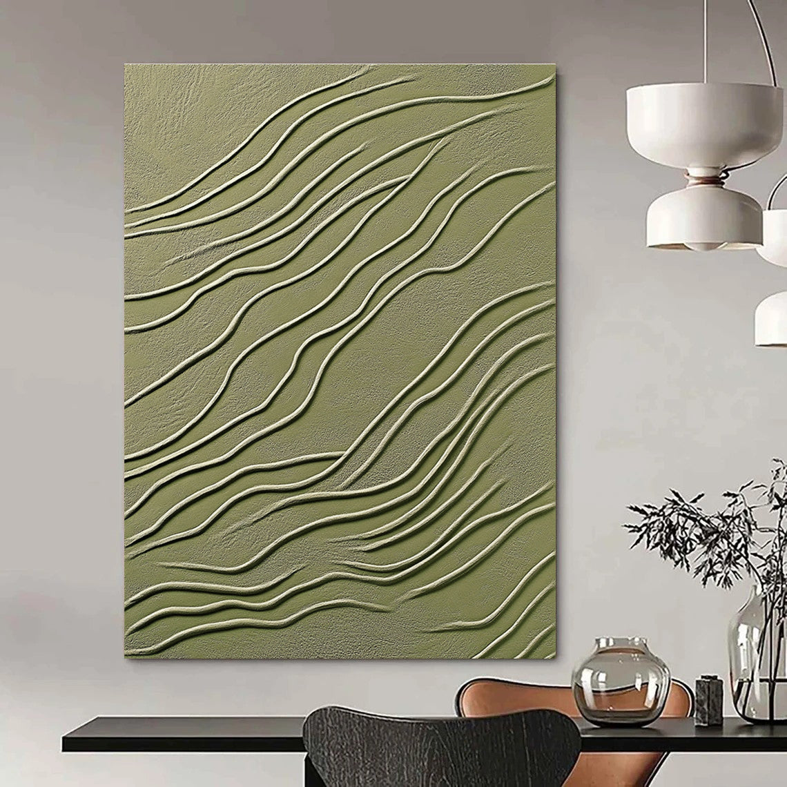 Abstract artwork featuring modern organic lines in olive green with white accents and textured details for an elegant decorative touch.STSC1359